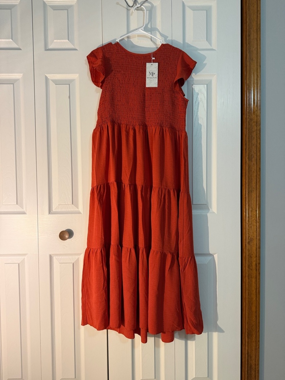 Smocked Bodice Tiered Maxi Dress in Warm Red-Orange